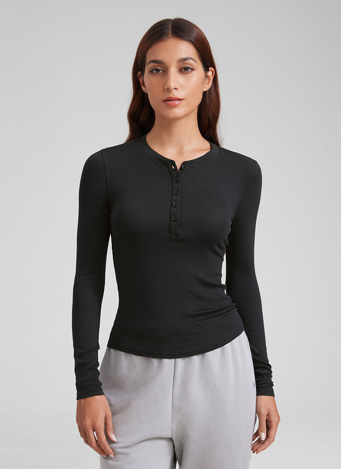 CRZ YOGA Womens Fitted Casual Ribbed Modal Henley Shirts Long Sleeves Black