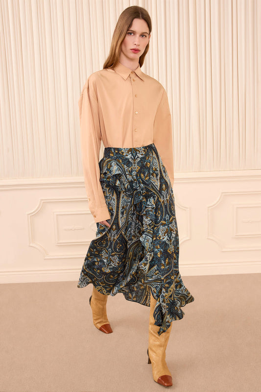Riele Cascading Ruffle Silk Skirt - Prussian