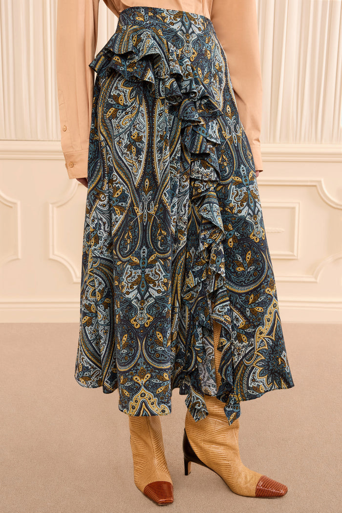 Riele Cascading Ruffle Silk Skirt - Prussian