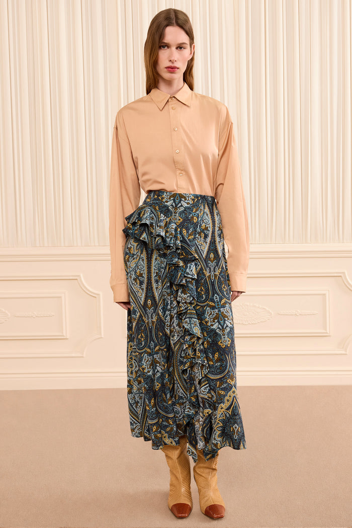 Riele Cascading Ruffle Silk Skirt - Prussian