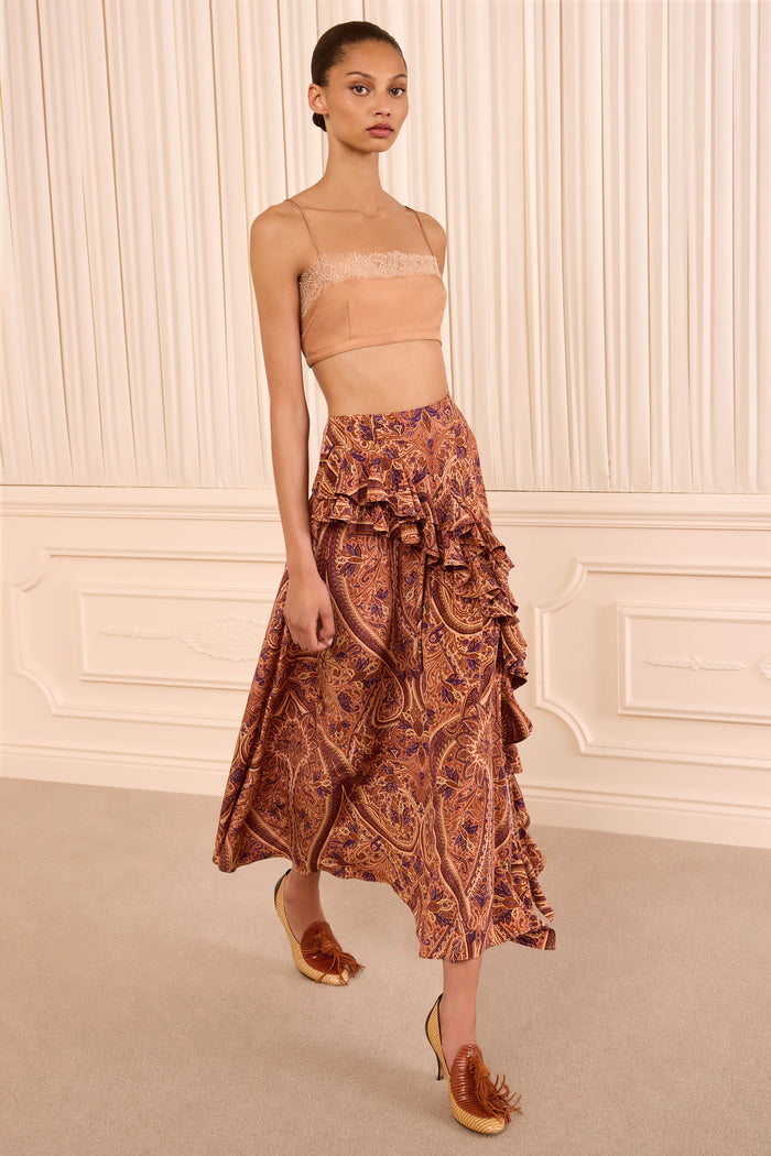 Riele Cascading Ruffle Silk Skirt - Rosette