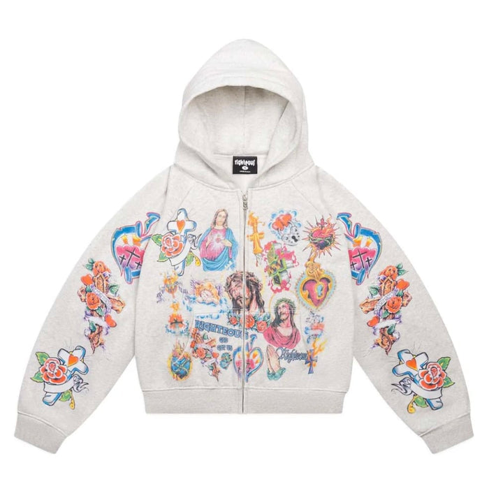 Righteous Risen King Zip Up Cropped Hoodie Cream