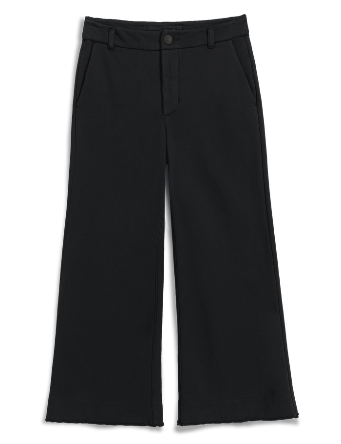 Black wide-leg cropped trousers with a button closure and belt loops, shown flat against a white background.