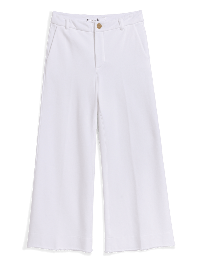 White wide-leg cropped pants with a button closure and belt loops, shown flat against a solid black background.