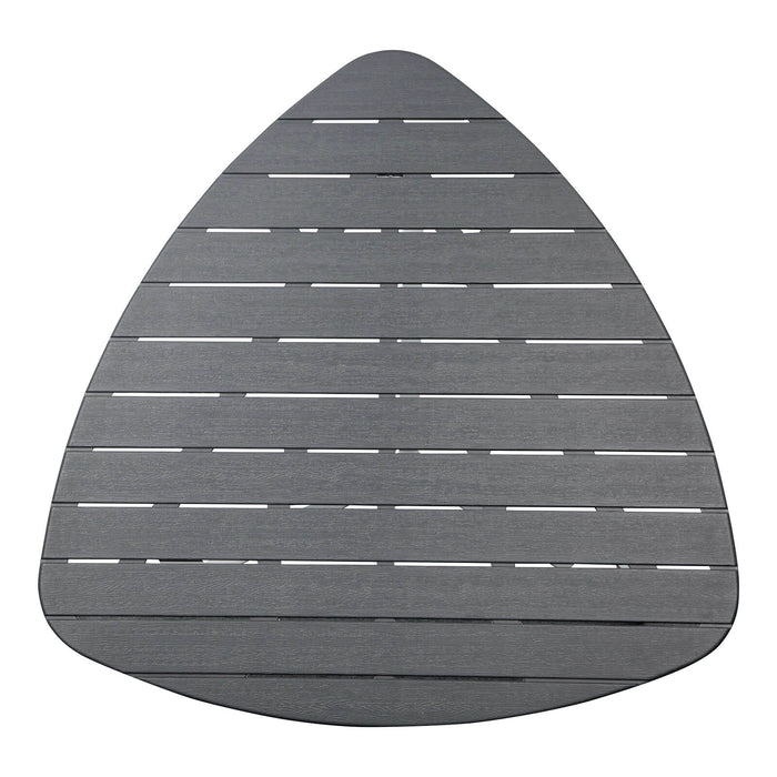 Overhead view of a grey slatted rectangle shaped table