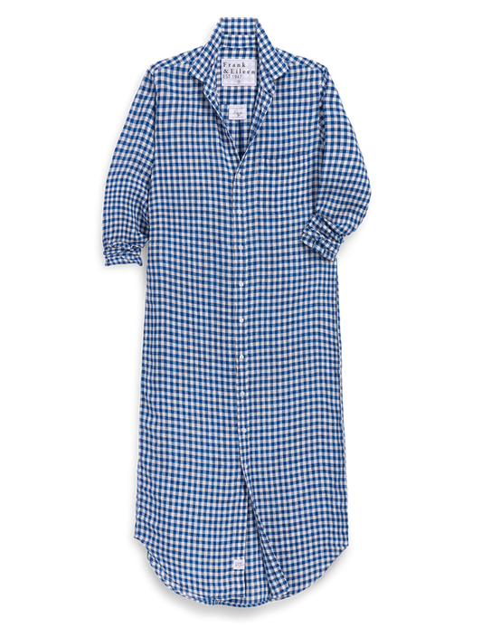 Blue and white checkered shirt dress on a white background