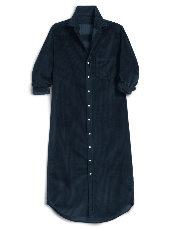 A dark navy corduroy shirt dress with a button-down front, collar, and chest pocket, shown against a plain white background.