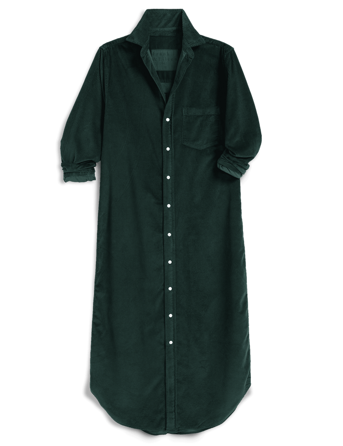 A dark forest green long-sleeve button-down shirt dress with a collar, chest pocket, and rolled cuffs, shown against a plain white background.