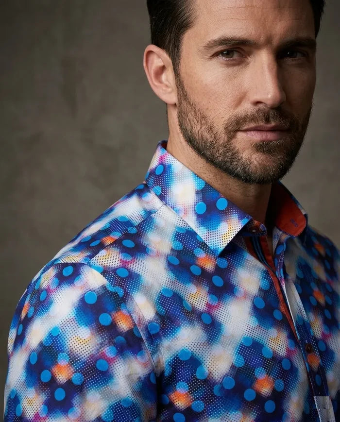 Royal Blue Polka Dotted Cotton Shirts For Men