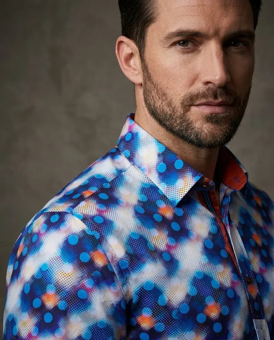 Royal Blue Polka Dotted Cotton Shirts For Men