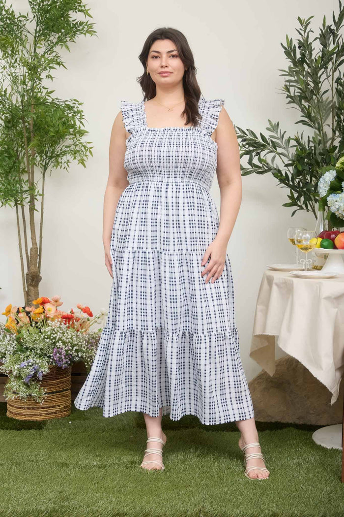 RUFFLE STRAP TIERED MIDI DRESS