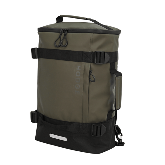 side view of hodge and hodge backpack with side carry handle rounded rubber zip pulls and stylish security buckles