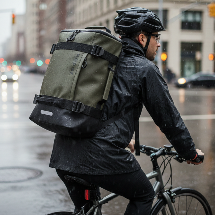 The Safari Waterproof BackPack in Use on a Cycle ride to Work.