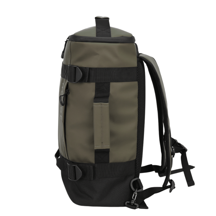 side view of back pack with carry handle and adjustable shoulder straps