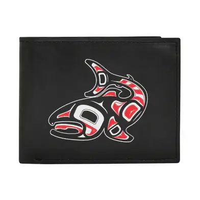 Salmon Men's Wallet featuring design by Gitksan artist Jamie Sterritt, durable PU with vibrant salmon graphics.
