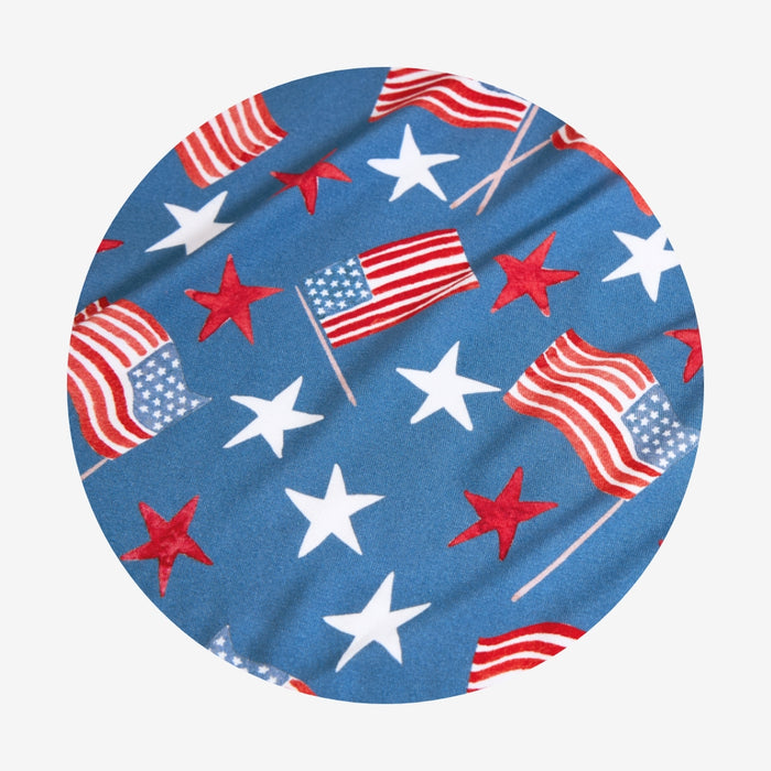 Round fabric swatch with American flag pattern on a blue background