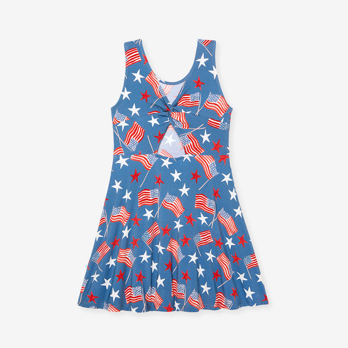 Back image of blue dress with American flag pattern on a white background