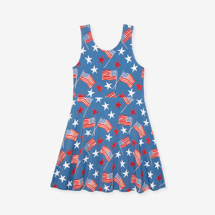 Front image of blue dress with American flag pattern on a white background