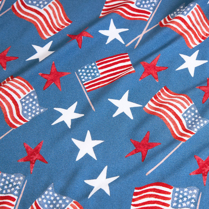 Blue fabric with American flag print and white and red stars