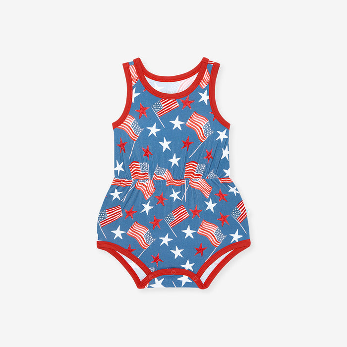 Baby romper with American flag pattern on a white background