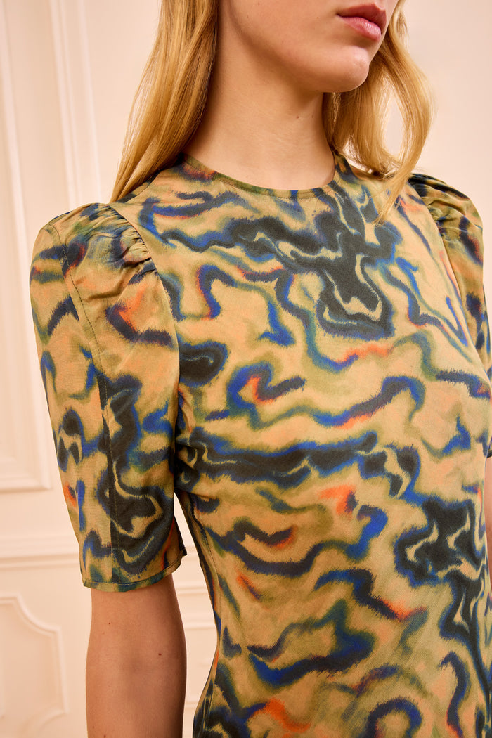 Multicolor Silk Samar Dress Puff Sleeve Detail - Close Up | Ulla Johnson