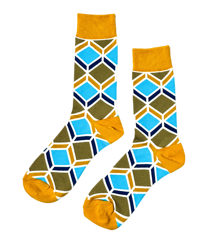 Sandstone Mosaic socks close-up showing earthy tan geometric mosaic knit construction