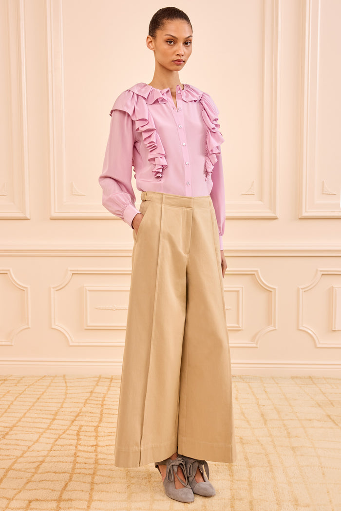 Sahara Khaki Cotton Twill Wide Leg Cropped Trouser - Front View On Model | Ulla Johnson