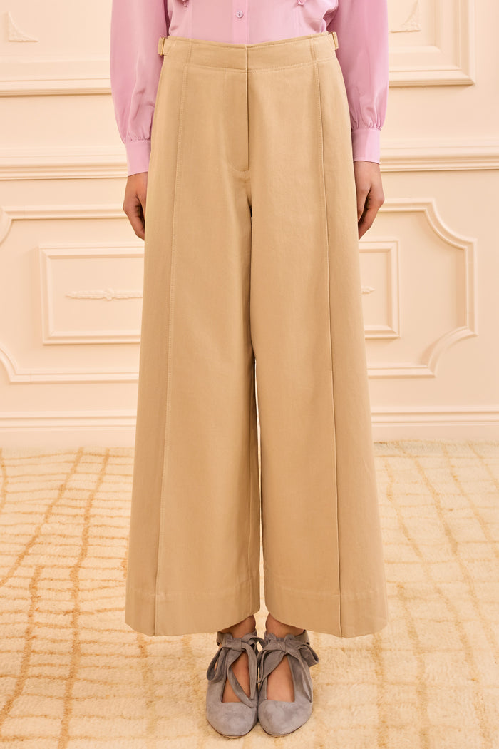 Sahara Khaki High-Rise Wide Leg Trouser with Pintucks - Front Close-Up | Ulla Johnson