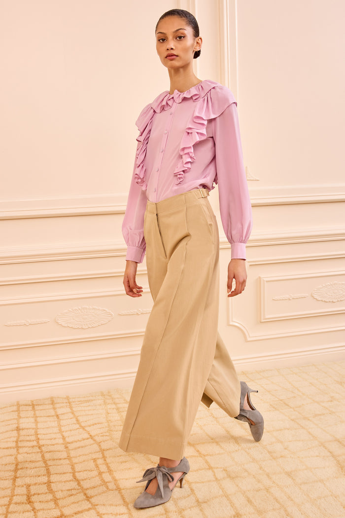 Sahara Khaki Designer Wide Leg Cropped Trouser - Three-Quarter View On Model | Ulla Johnson