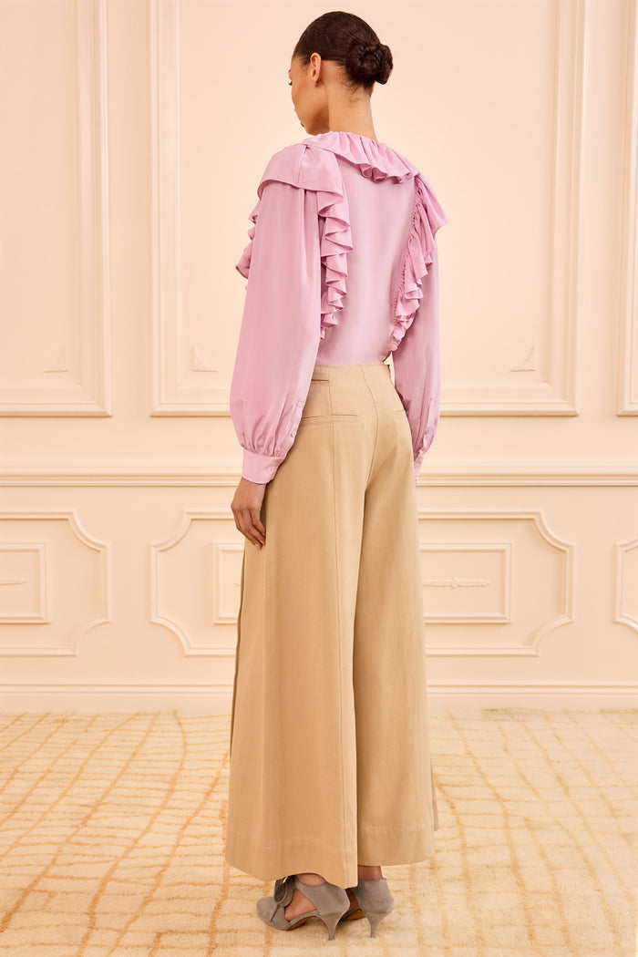 Sahara Khaki Luxury Wide Leg Cropped Trouser - Back View On Model | Ulla Johnson
