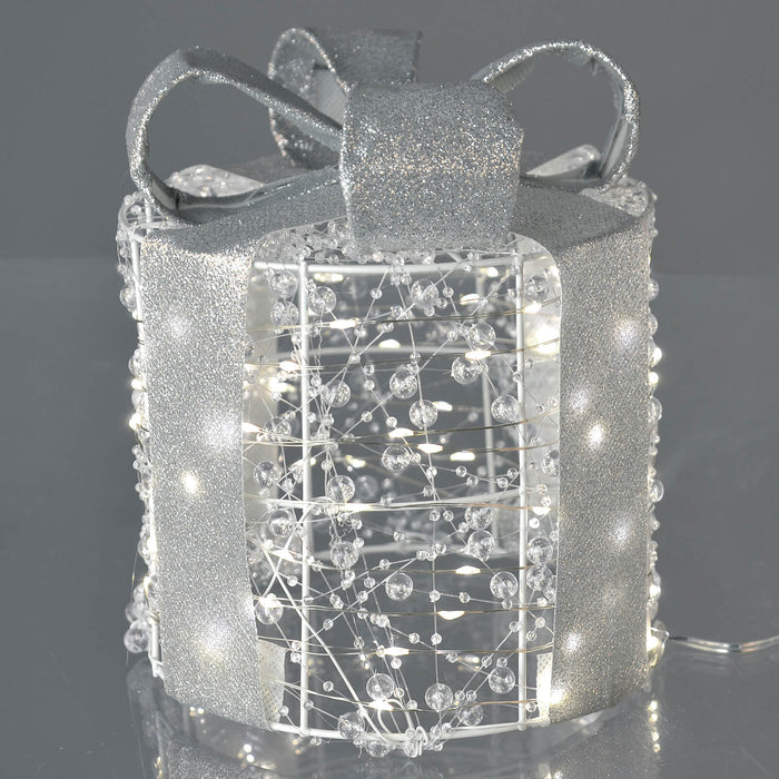 Single beaded gift box with glitter ribbon and white LED lights