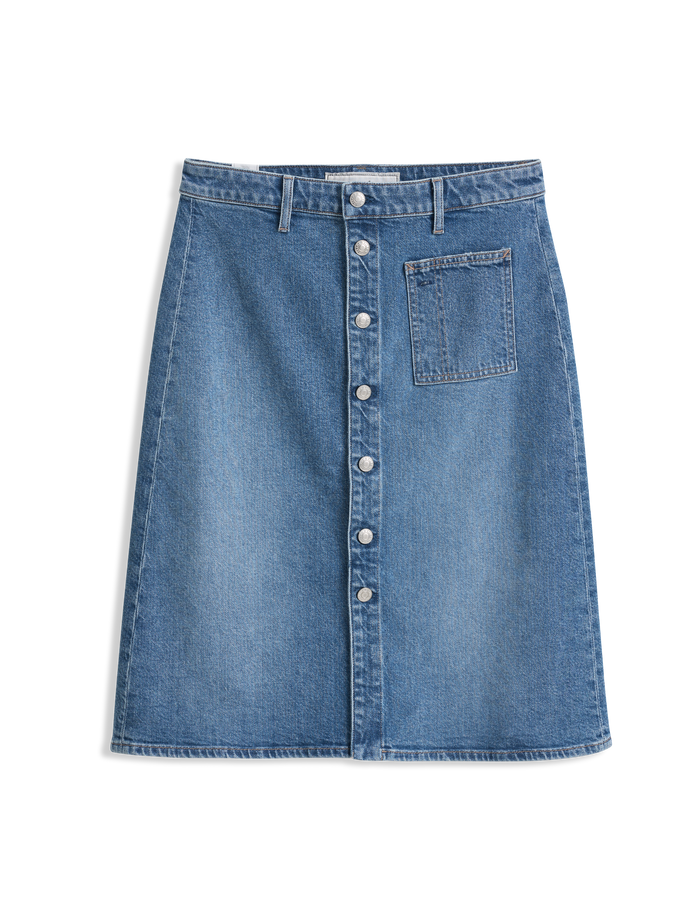 Blue denim skirt with button details on a white background