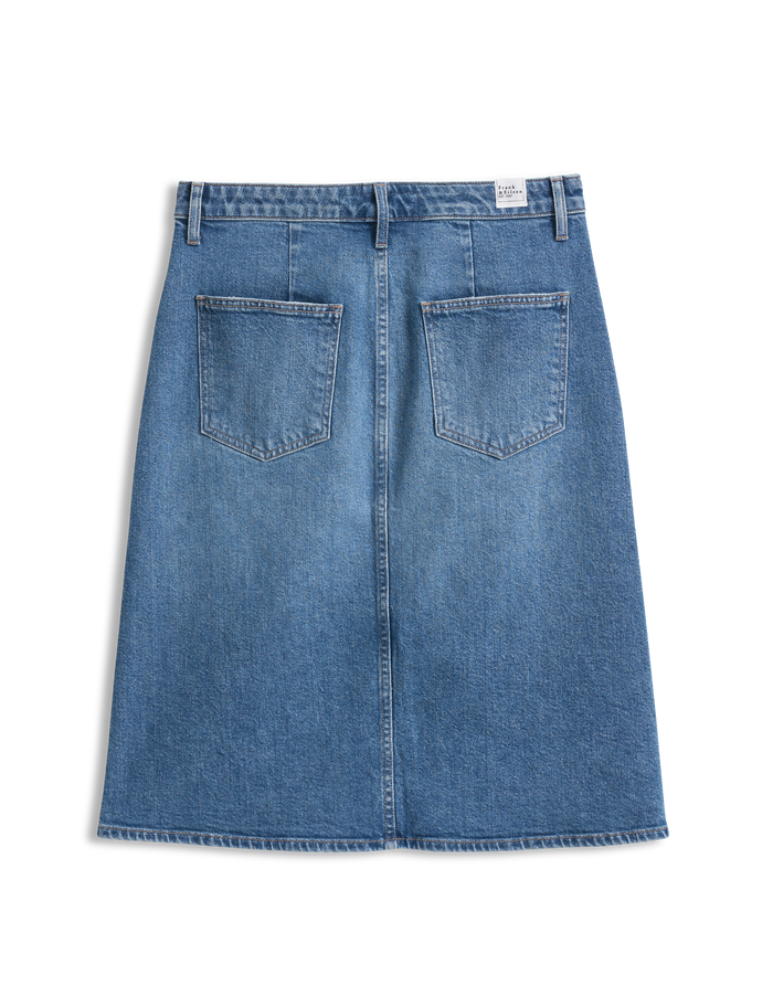Blue denim skirt on a white background