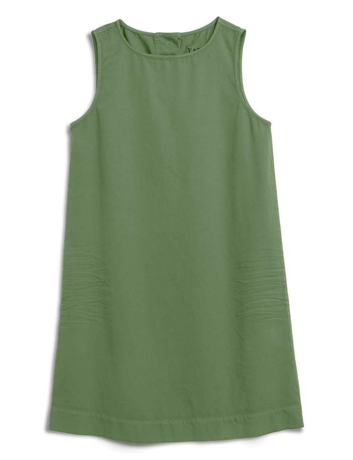 A sleeveless sage green shift dress with a simple crew neckline, shown against a solid black background.