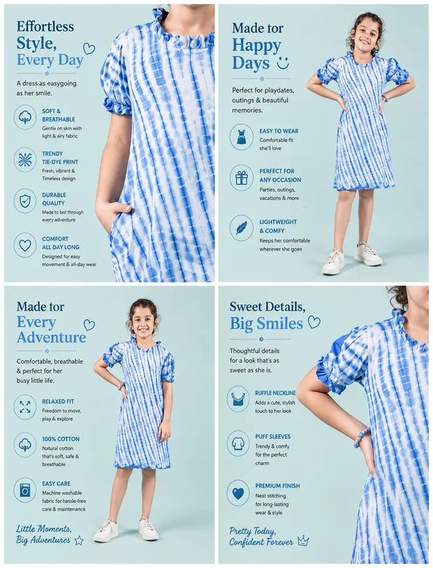 Shibori Style Kids Girls Tie Dye Dress with Puff Sleeves (Classic Blue)-Tweeny Mini