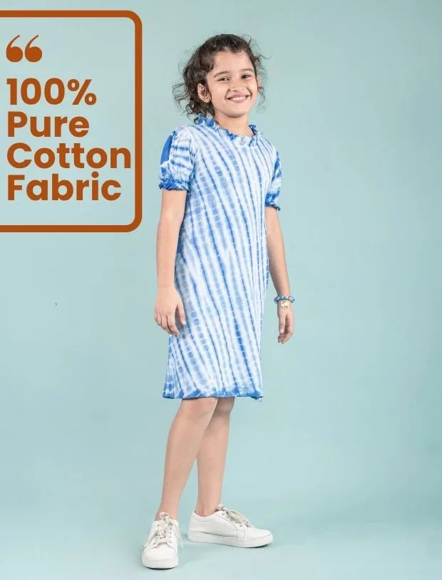 Shibori Style Kids Girls Tie Dye Dress with Puff Sleeves (Classic Blue)