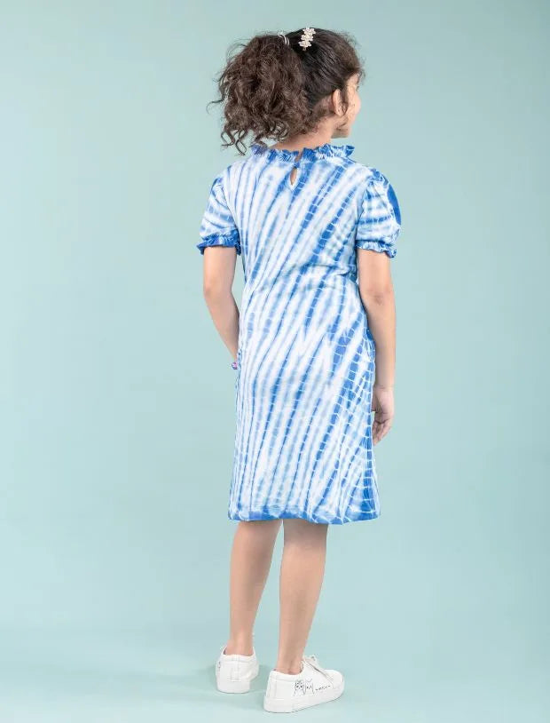 Shibori Style Kids Girls Tie Dye Dress with Puff Sleeves (Classic Blue)