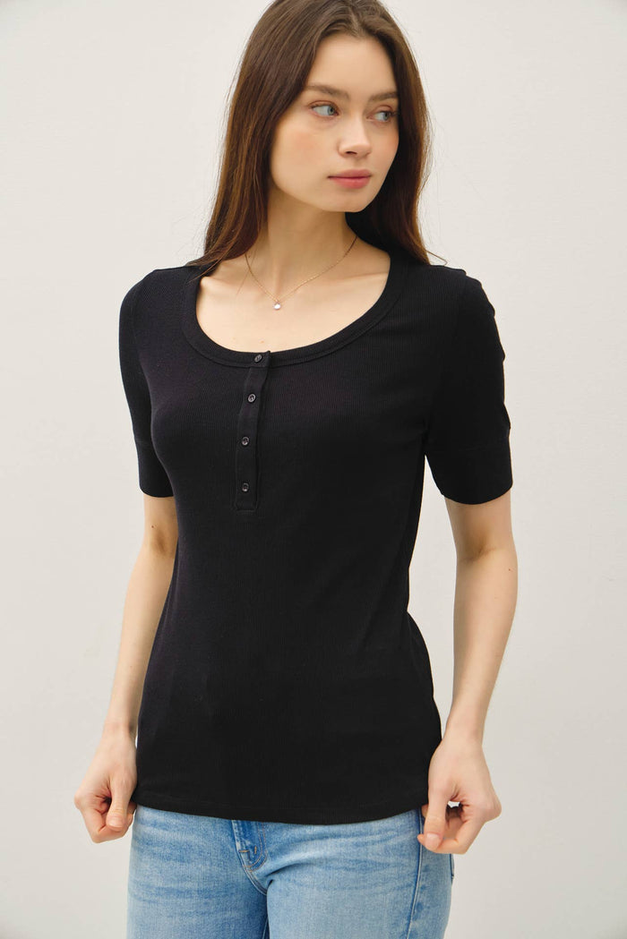 SHORT SLEEVE HENLEY NECK TOP