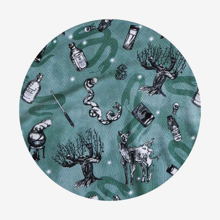 Circular design with black and white illustrations on a teal background