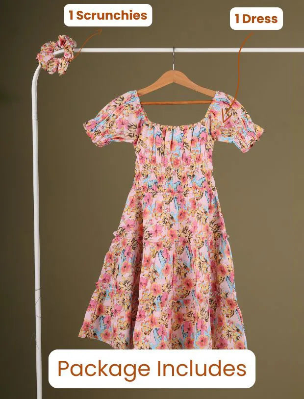 Classic Smocked Girls Kids Floral Dress with Puffed Sleeves-Tweeny Mini