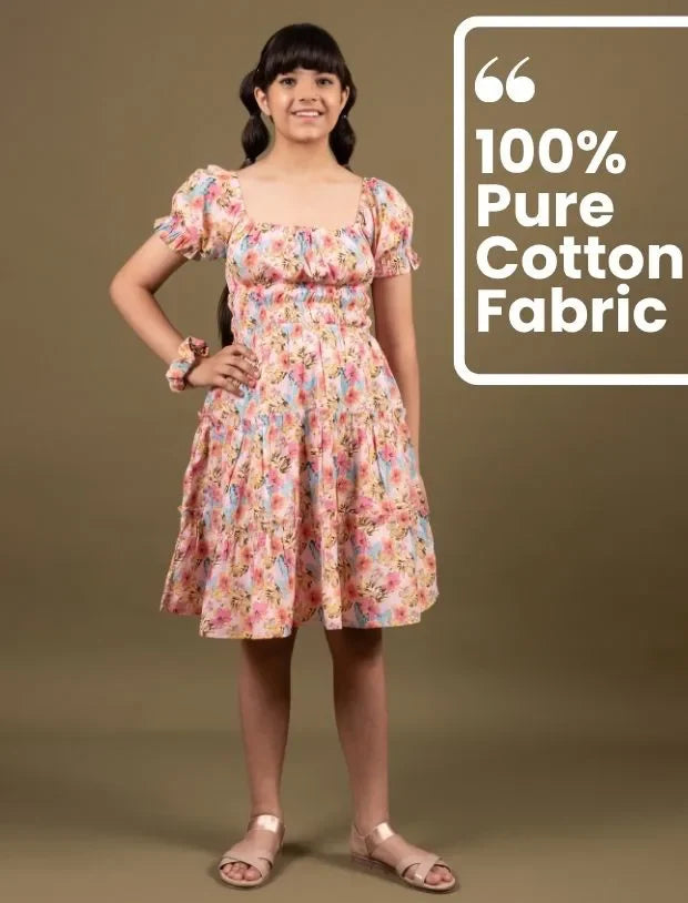 Classic Smocked Girls Kids Floral Dress with Puffed Sleeves-Tweeny Mini