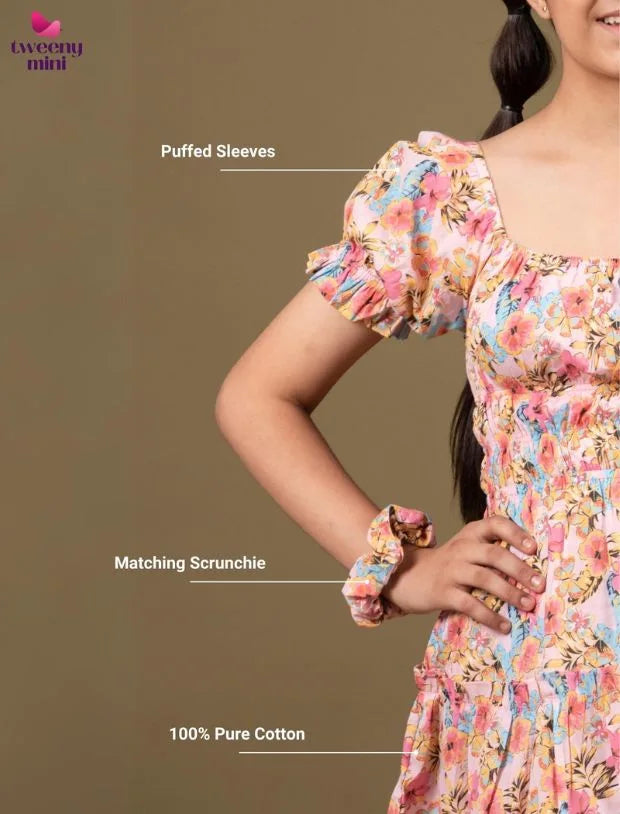 Classic Smocked Girls Kids Floral Dress with Puffed Sleeves-Tweeny Mini
