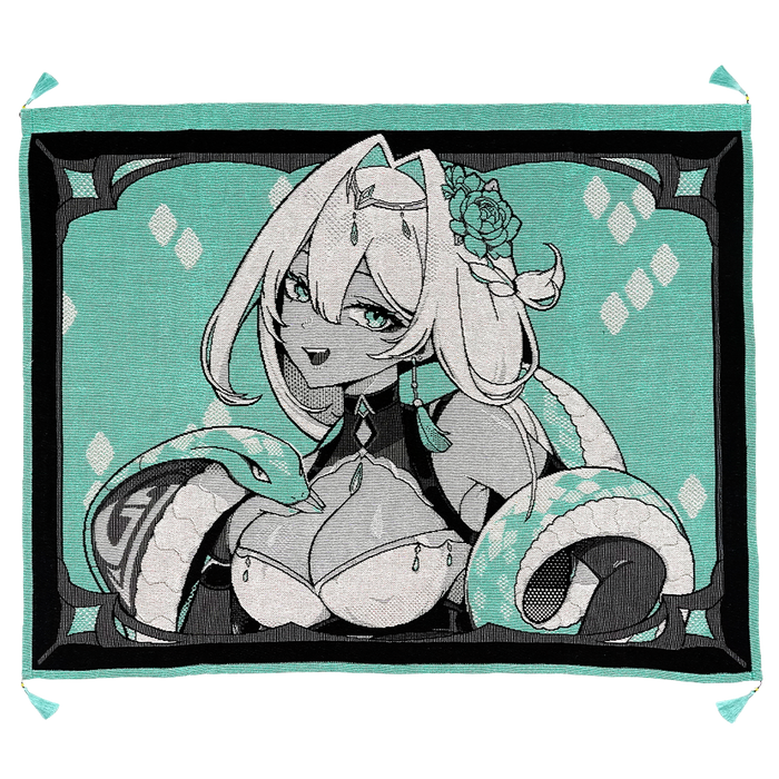Anime character with white hair and green accents on a teal background