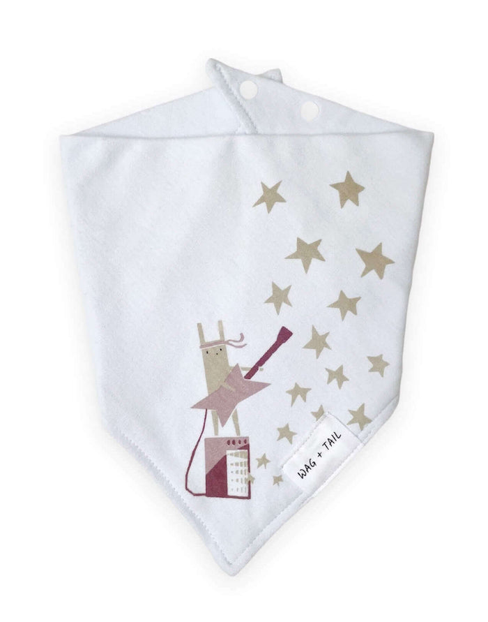 Star Print Snap-On Dog Bandana worn by a dog, no-tie button design