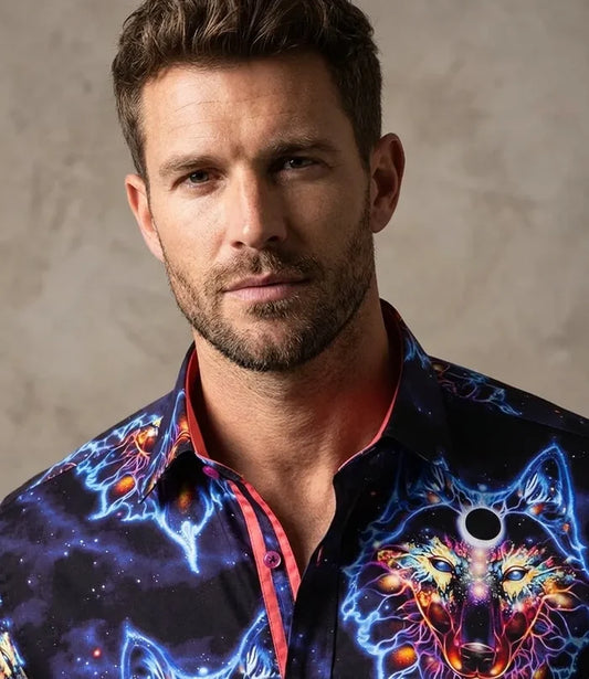 Space Wolf Print Men's Shirt with Matching Handkerchief