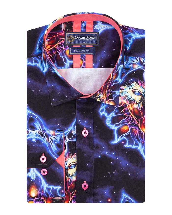 Space Wolf Print Men's Shirt with Matching Handkerchief-Makrom
