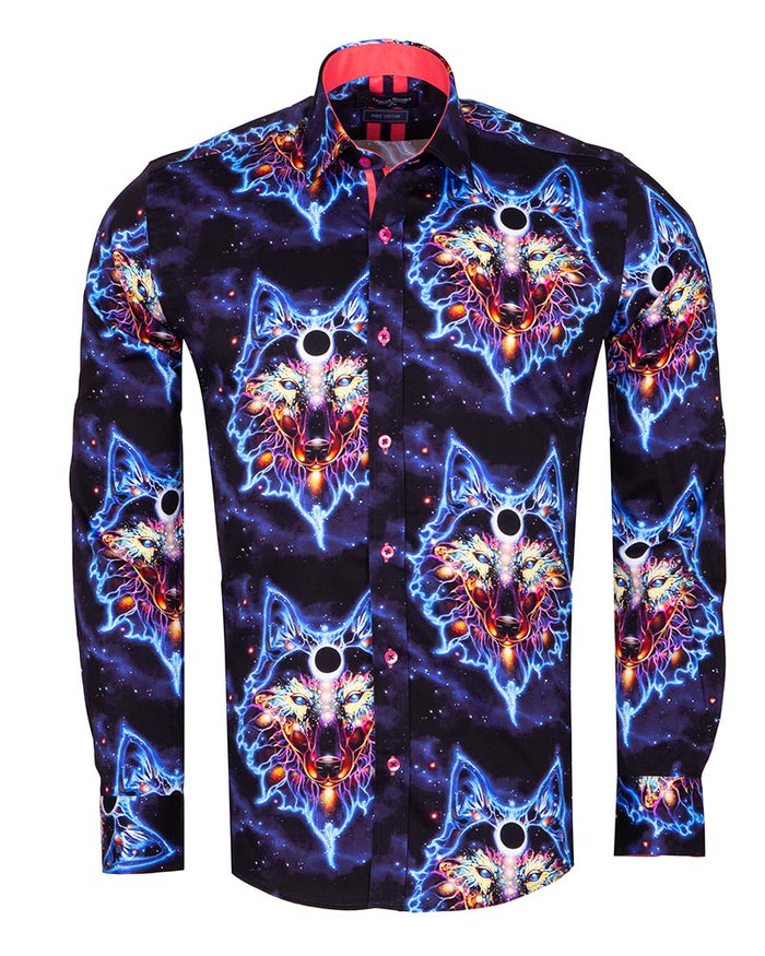Space Wolf Print Men's Shirt with Matching Handkerchief-Makrom