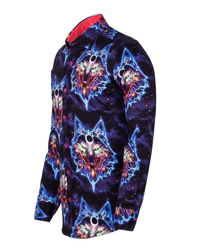 Space Wolf Print Men's Shirt with Matching Handkerchief-Makrom