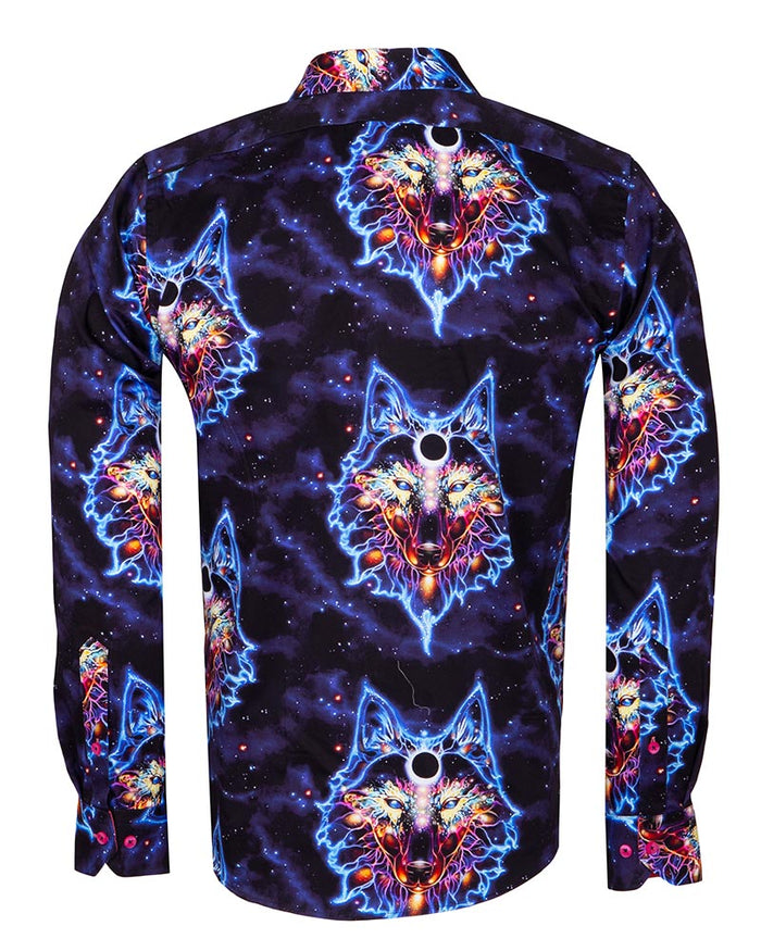 Space Wolf Print Men's Shirt with Matching Handkerchief-Makrom