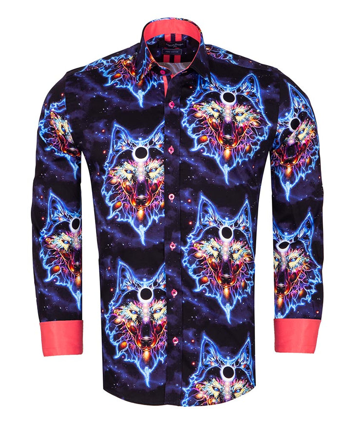 Space Wolf Print Men's Shirt with Matching Handkerchief-Makrom